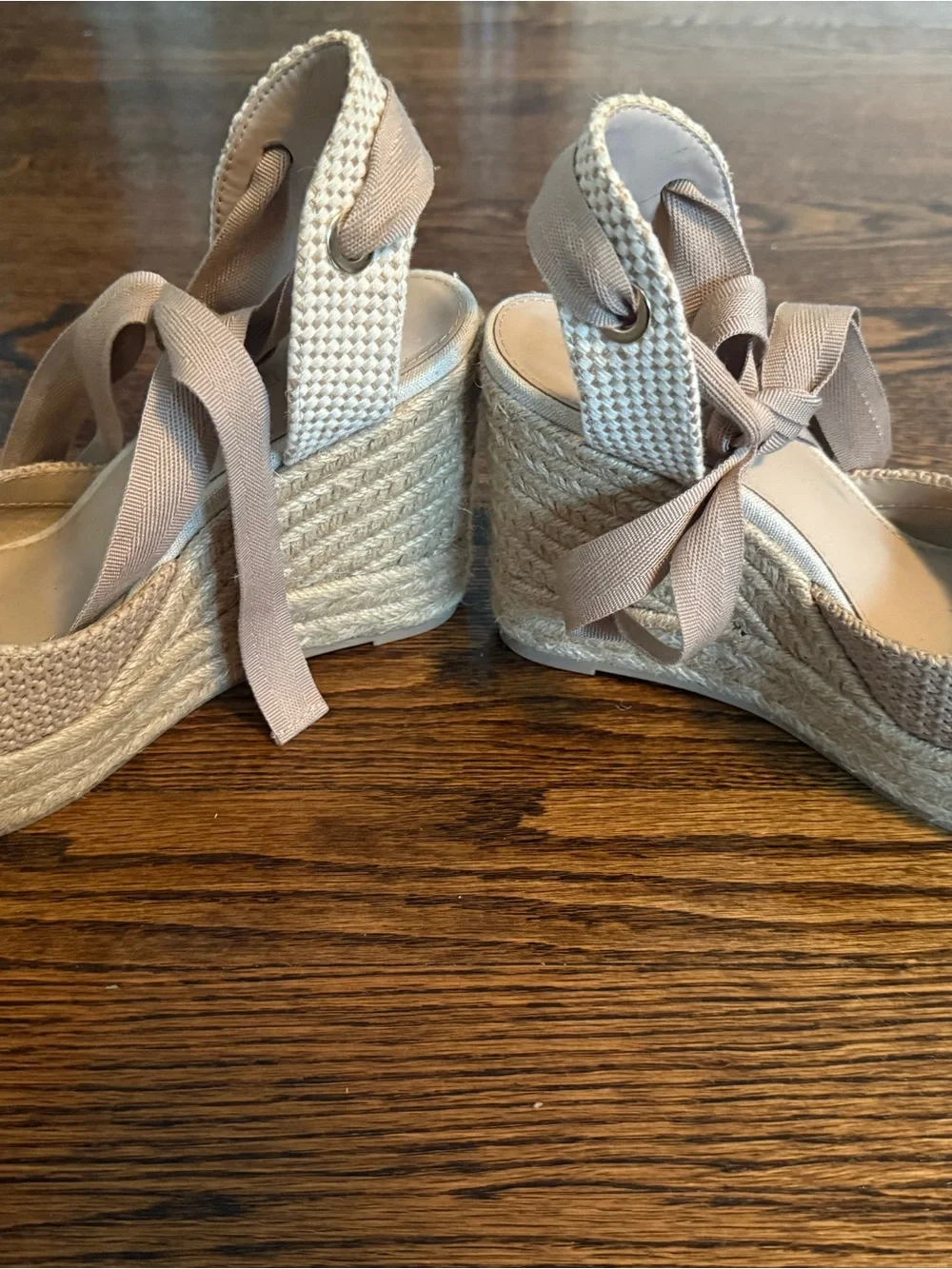 Neutral Lace-Up Espadrille Wedge Sandals - Women's Beige